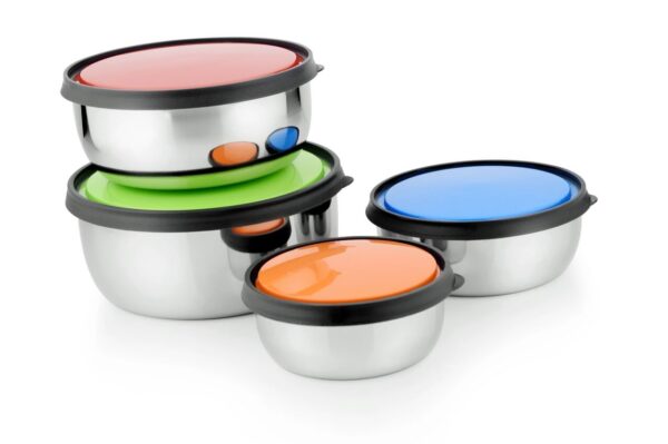 STAINLESS STEEL FLAT BOWLS WITH PLASTIC LIDS